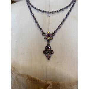 vintage y2k purple floral necklace iridescent crystal flower drop 1990s jewelry